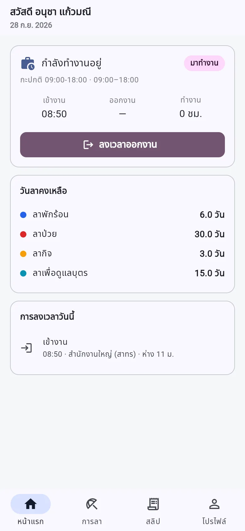 หน้าแรกของแอปพนักงาน ลงเวลาเข้างานแล้ว พร้อมสถานที่ ระยะห่างจากสำนักงาน และวันลาคงเหลือ