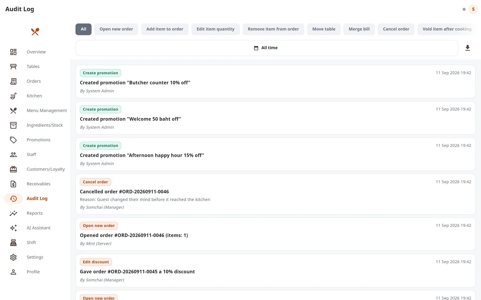 The audit log showing who did what and when, with type filters