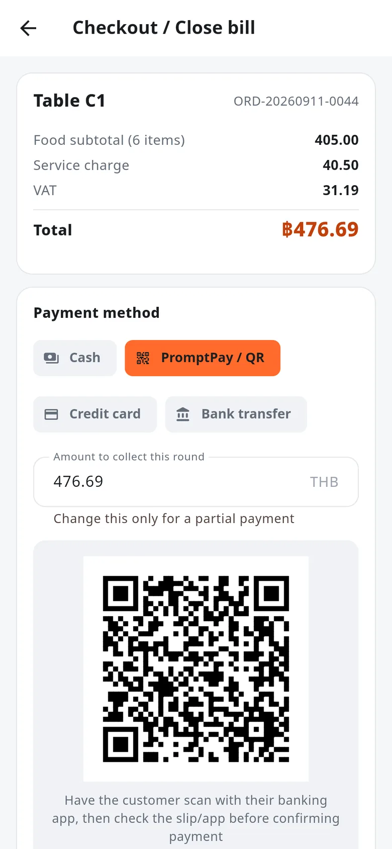 Checkout on a phone with PromptPay selected, showing a QR for table C1's total