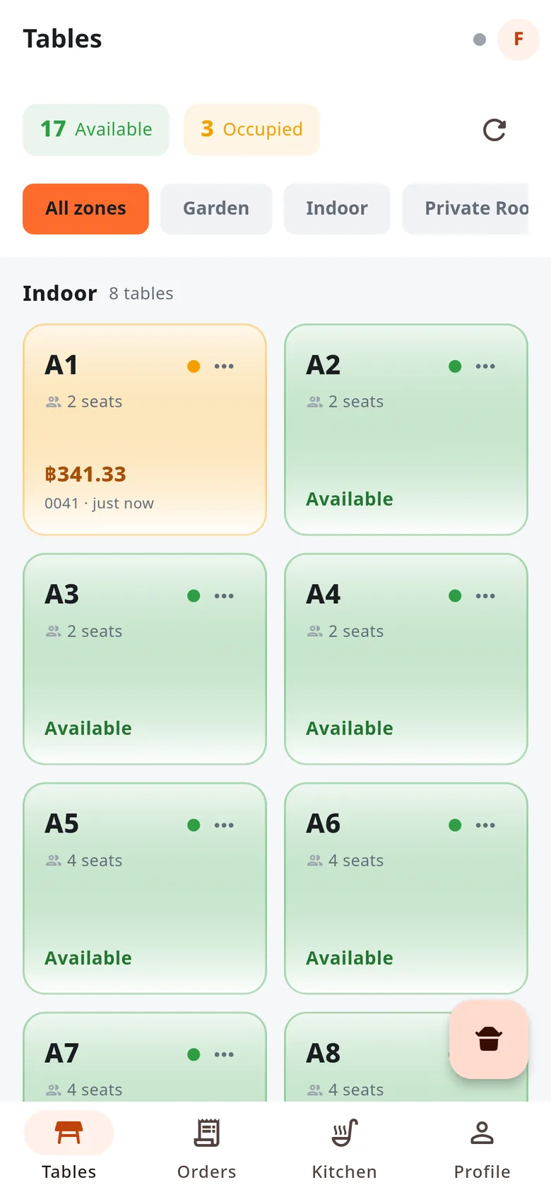 Table map on a waiter's phone, free tables separate from seated ones