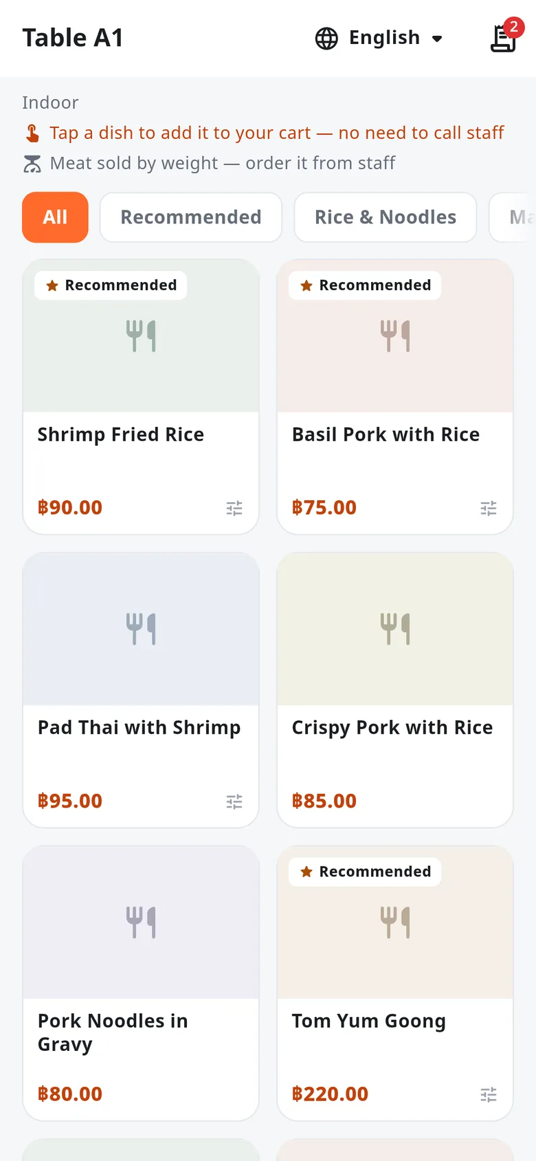 The menu a guest sees on their phone after scanning table A1's QR